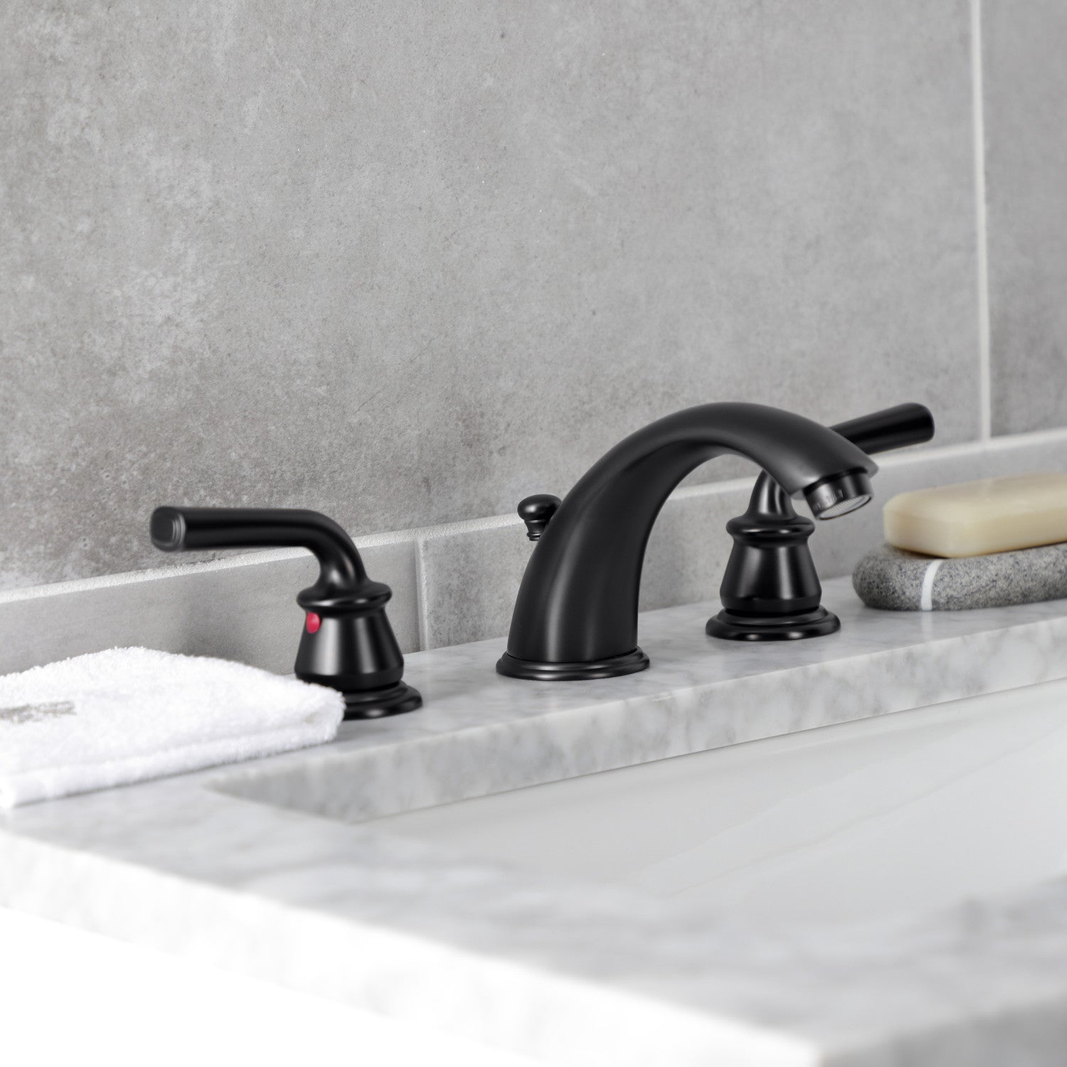 Kingston Tulare KB960RXL - Restoration Two-Handle 3-Hole Deck Mount Widespread Bathroom Faucet with Pop-Up Drain, Matte Black — thumbnail 3